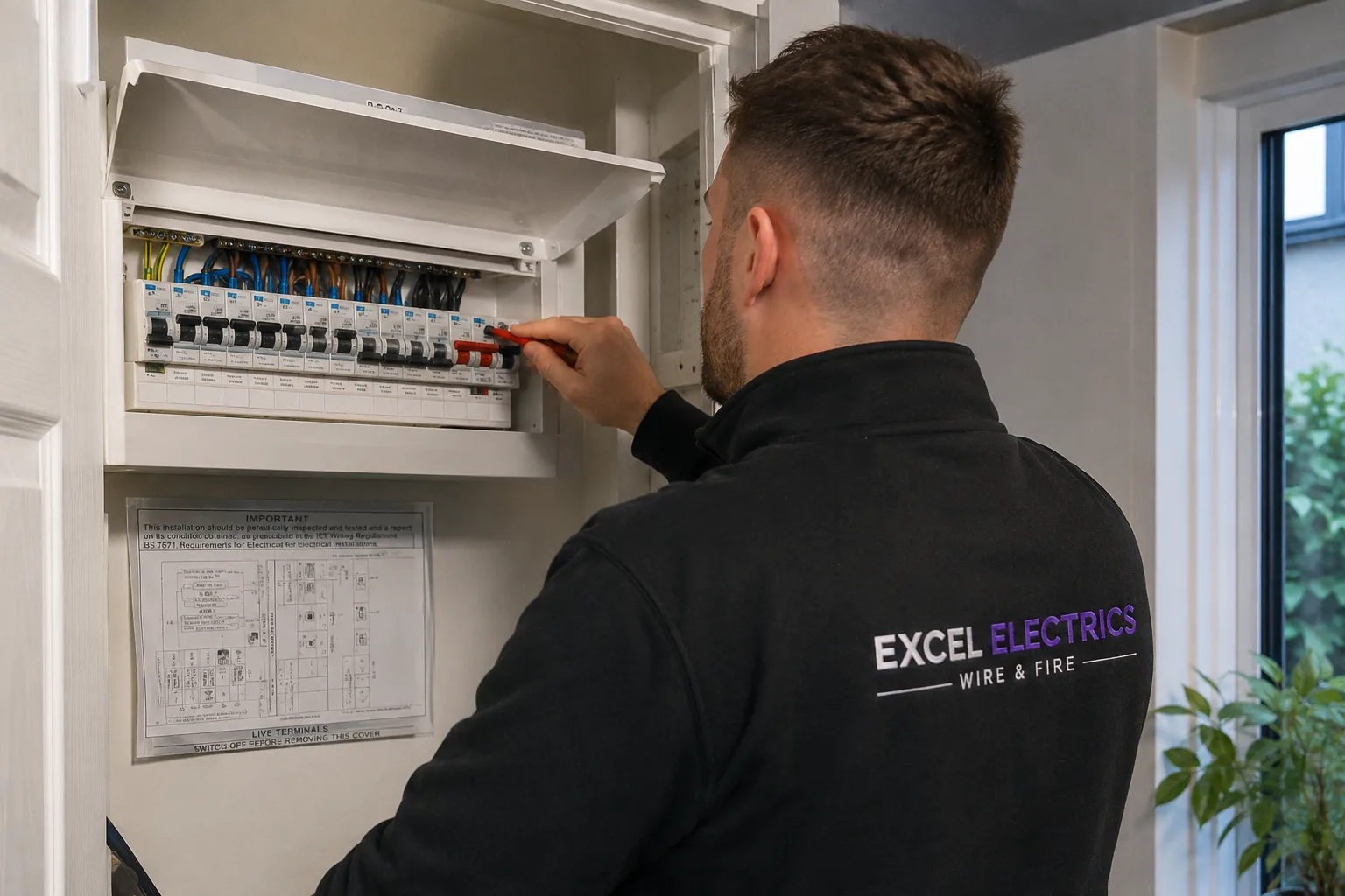Excel Electrics engineer carrying out careful electrical work in a home