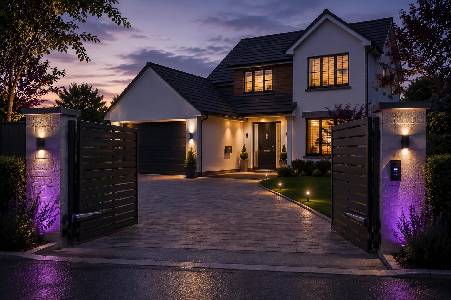Automated gates and exterior lighting on a modern home